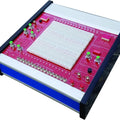 Analog And Digital Electronics Trainer Adt-7000 - a red surface with a central breadboard, 16-bit logic switches, knobs, buttons, and LED displays.