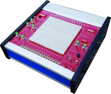 Analog And Digital Electronics Trainer Adt-7000 - a red surface with a central breadboard, 16-bit logic switches, knobs, buttons, and LED displays.