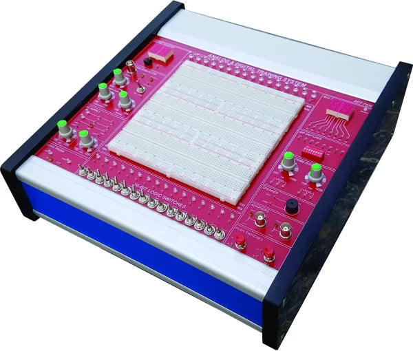 Analog And Digital Electronics Trainer Adt-7000 - a red surface with a central breadboard, 16-bit logic switches, knobs, buttons, and LED displays.