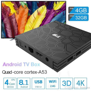 Android Smart Tv Box T9 4GB + 64GB Quad Core 4k Ultra HD 9.0 v - a black square device with a geometric top pattern, shown next to a TV screen displaying colorful feathers and floating spec boxes.