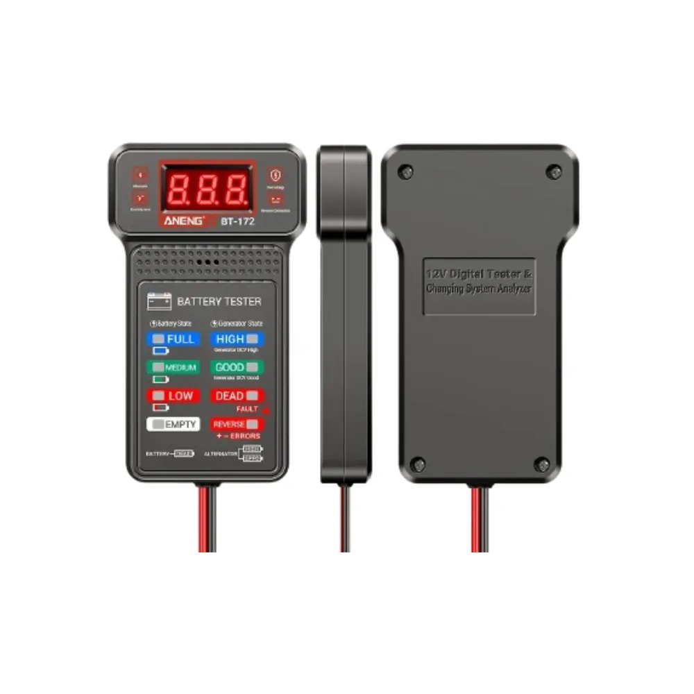 Aneng Bt-172 12V Multifunctional Car Battery Tester Digital Automotive Voltmeter - shown from three angles, featuring a digital display, LED status indicators, and a red and black power cable.