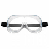 Anti Fog Medical Safety Goggles Glasses - shown from the front with a clear plastic frame and a black elastic head strap.