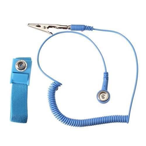 Anti-static ESD Wrist Strap With Grounding Wire – Electrostatic Discharge Protection Bracelet - a blue fabric wristband with a snap connector and a coiled blue grounding cord with an alligator clip.