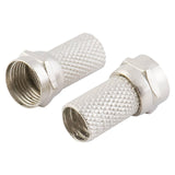 Antsig RG6 Quad Shield Twist-on Cable Connector - two silver-colored, cylindrical metal twist-on coaxial connectors with threaded ends.
