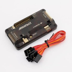 APM2.8 Multicopter Flight Controller - a rectangular black board with labeled input/output pins, a GPS port, and a bundle of multi-colored jumper wires.