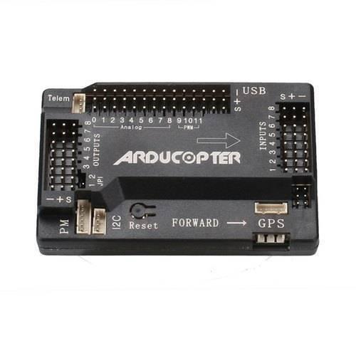 APM2.8 Multicopter Flight Controller - a rectangular black module featuring labeled ports for GPS, telemetry, power, inputs, outputs, and a reset button.