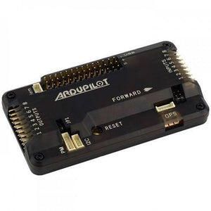 APM2.8 Multicopter Flight Controller - a black rectangular circuit board with labeled input, output, GPS, I2C, and power module ports and a reset button.