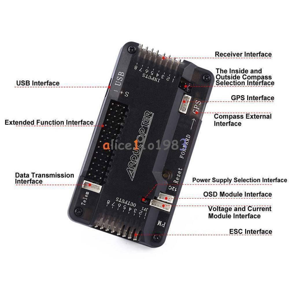 APM2.8 Multicopter Flight Controller - a black rectangular circuit board with labeled ports for USB, GPS, receiver, telemetry, and motor outputs.
