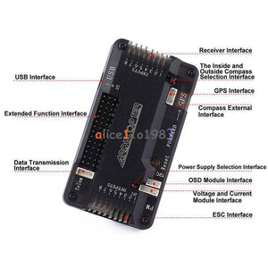 APM2.8 Multicopter Flight Controller - a black rectangular circuit board with labeled ports for USB, GPS, receiver, telemetry, and motor outputs.