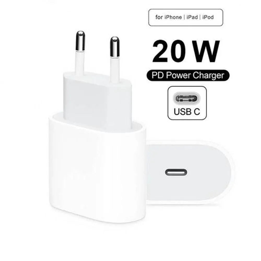 Apple Iphone Charger 20W USB-c Power Adapter - shown as a white wall plug with two round pins and a USB-C port, with text labels for device compatibility.