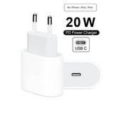 Apple Iphone Charger 20W USB-c Power Adapter - shown as a white wall plug with two round pins and a USB-C port, with text labels for device compatibility.
