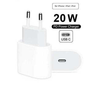 Apple Iphone Charger 20W USB-c Power Adapter - shown as a white wall plug with two round pins and a USB-C port, with text labels for device compatibility.
