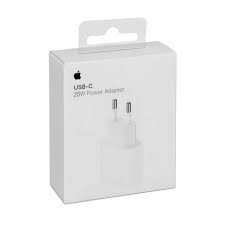 Apple Iphone Charger 20W USB-c Power Adapter - shown in its white retail box with a graphic of the charger on the front.