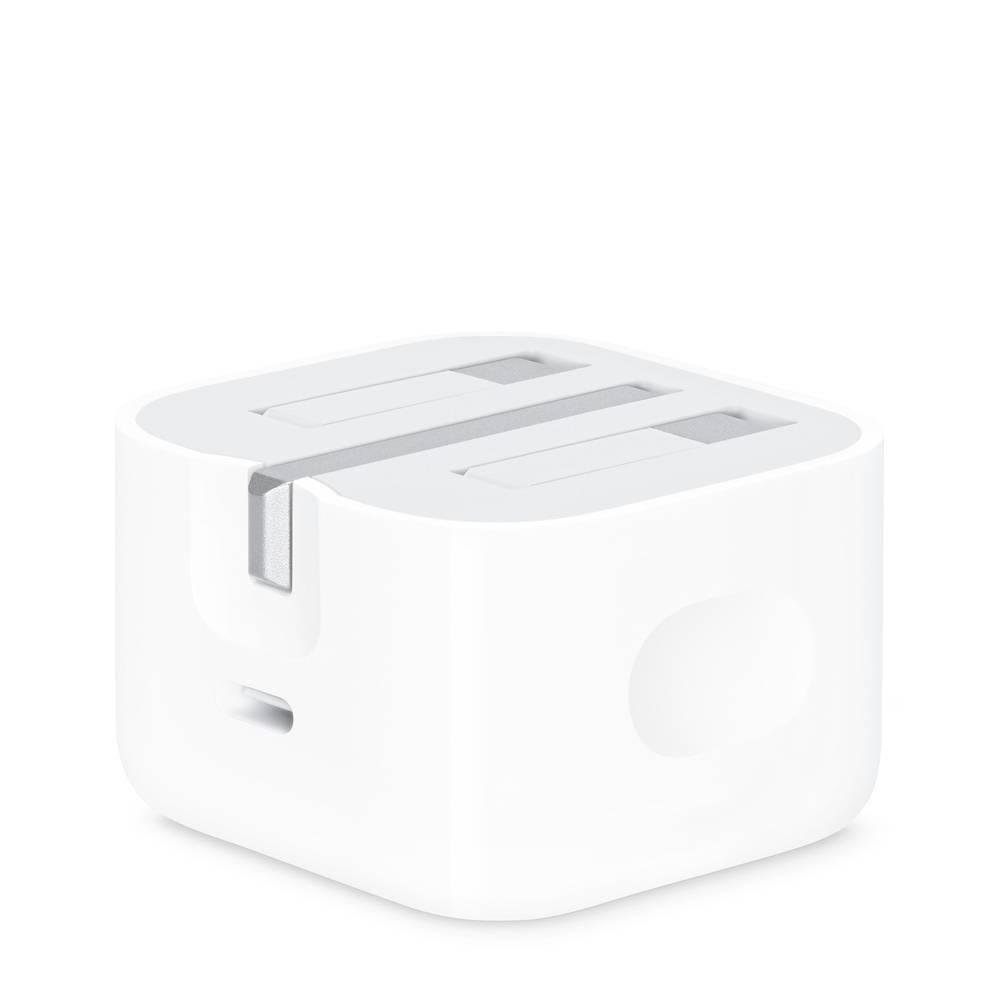 Apple Iphone Charger 25W USB-c Power Adapter - a white, square-shaped wall plug featuring a single USB-C port and foldable metal prongs on the top.