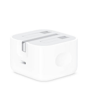 Apple Iphone Charger 25W USB-c Power Adapter - a white, square-shaped wall plug featuring a single USB-C port and foldable metal prongs on the top.