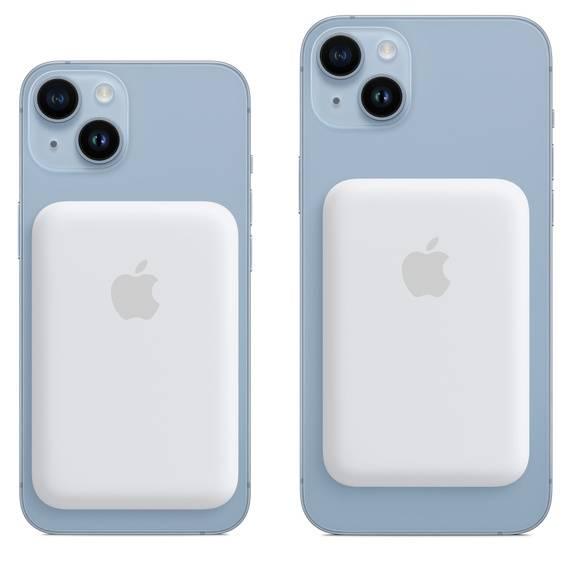 Apple iPhone Power Bank MagSafe Battery Pack - shown attached to the back of two light blue iPhones of different sizes, featuring a white rectangular design.