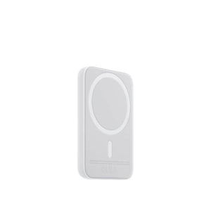 Apple iPhone Power Bank MagSafe Battery Pack - a white rectangular magnetic wireless charger shown at an angle with a circular alignment ring on its face.