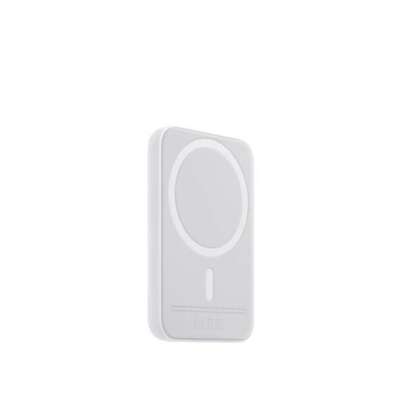 Apple iPhone Power Bank MagSafe Battery Pack - a white rectangular magnetic wireless charger shown at an angle with a circular alignment ring on its face.