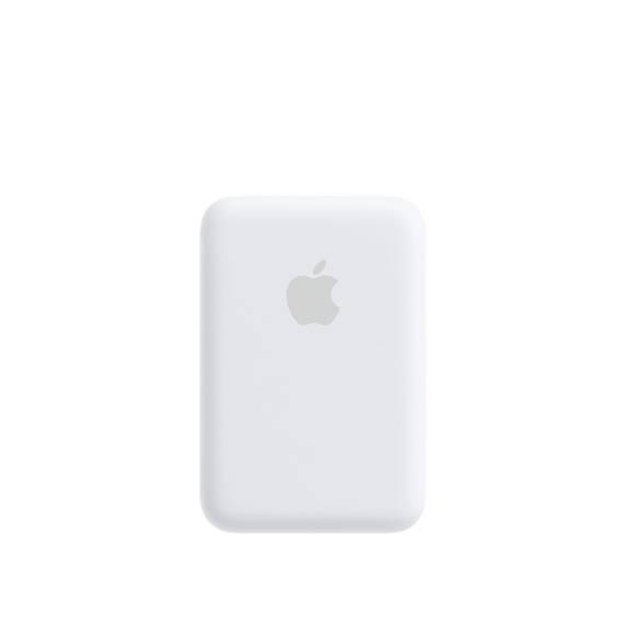 Apple iPhone Power Bank MagSafe Battery Pack - a white, rectangular portable charger featuring the Apple logo centered on its smooth front surface.