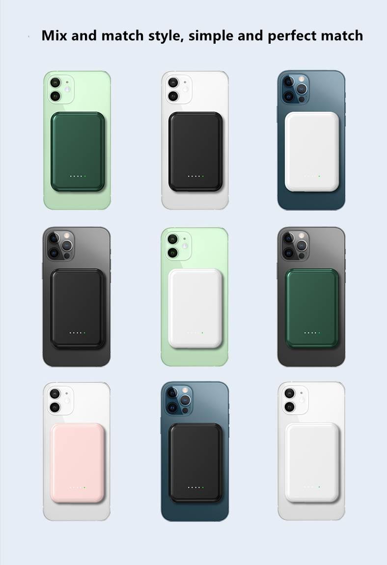 Apple iPhone Power Bank MagSafe Battery Pack - shown in nine different colour combinations attached to the backs of various iPhones with LED indicators.