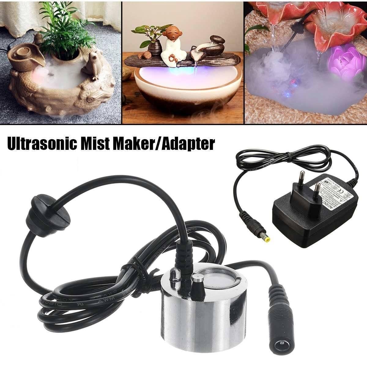 Aquarium Garden Pond Mist Maker Humidifier Ultrasonic Fogger Ultrasonic Mist Maker Fogger Humidifier - a silver cylindrical fogger with a black power cord and a matching black AC/DC power adapter.