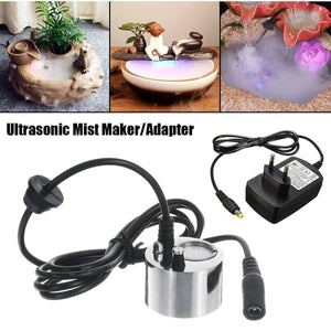 Aquarium Garden Pond Mist Maker Humidifier Ultrasonic Fogger Ultrasonic Mist Maker Fogger Humidifier - a silver cylindrical fogger with a black power cord and a matching black AC/DC power adapter.