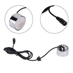 Aquarium Garden Pond Mist Maker Humidifier Ultrasonic Fogger Ultrasonic Mist Maker Fogger Humidifier - a silver cylindrical fogger unit with LED lights, a power cable, and a DC barrel connector.