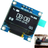 Arduino 0.96 Inch OLED Display Module 128x64 I2c SSD 1306 LCD Screen White Background - a blue circuit board with a screen displaying time, date, and icons, plus a breadboard setup in the corner.