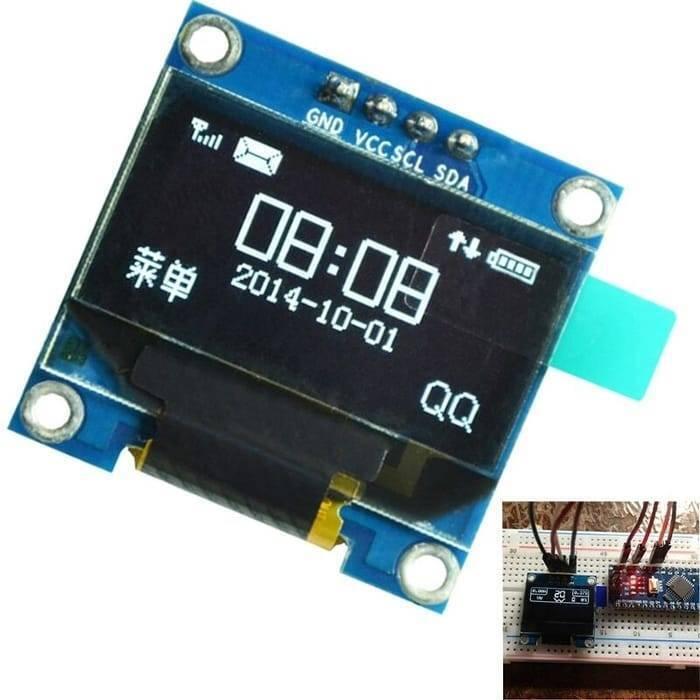 Arduino 0.96 Inch OLED Display Module 128x64 I2c SSD 1306 LCD Screen White Background - a blue circuit board with a screen displaying time, date, and icons, plus a breadboard setup in the corner.