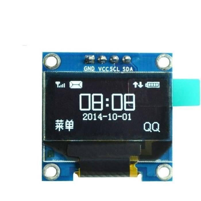 Arduino 0.96 Inch OLED Display Module 128x64 I2c SSD 1306 LCD Screen White Background - a blue square screen showing a digital clock, date, and icons, with four pins labeled at the top.