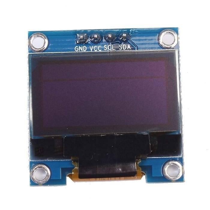 Arduino 0.96 Inch OLED Display Module 128x64 I2c SSD 1306 LCD Screen White Background - a square blue circuit board with a rectangular black screen and four pins labeled GND, VCC, SCL, and SDA.