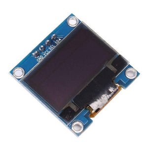 Arduino 0.96 Inch OLED Display Module 128x64 I2c SSD 1306 LCD Screen White Background - a rectangular blue circuit board with a black screen and four labeled pins: GND, VCC, SCL, and SDA.