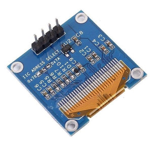 Arduino 0.96 Inch OLED Display Module 128x64 I2c SSD 1306 LCD Screen White Background - the blue circuit board back with a four-pin connector, surface-mounted components, and a ribbon cable.