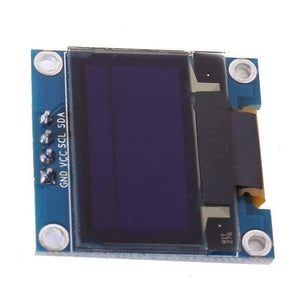 Arduino 0.96 Inch OLED Display Module 128x64 I2c SSD 1306 LCD Screen White Background - a rectangular blue module with a dark screen and four pins labeled GND, VCC, SCL, and SDA.