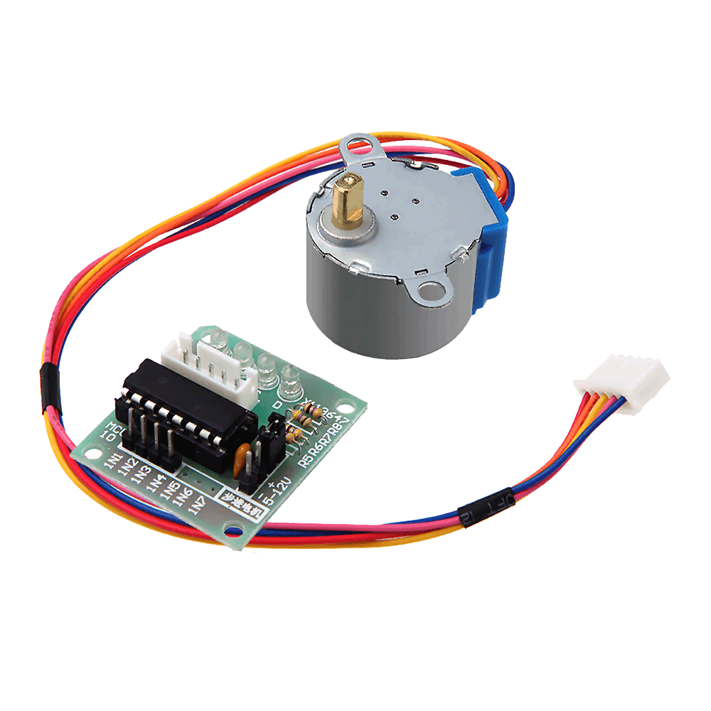 Arduino 28BYJ48 5V Stepper Motor With ULN2003 Driver - board, showing the motor, driver module, and multi-coloured ribbon cable with a white connector.