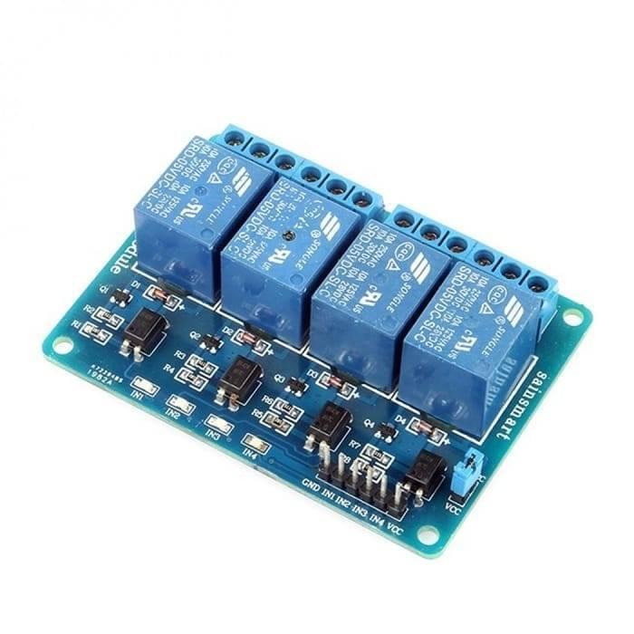 Arduino 4 Channel Relay Module Board - four blue relay switches, screw terminals, and a row of pins labeled GND, IN1, IN2, IN3, IN4, and VCC.