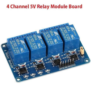 Arduino 4 Channel Relay Module Board - four blue relays, four optocouplers, and a row of pins labeled GND, IN1, IN2, IN3, IN4, and VCC.