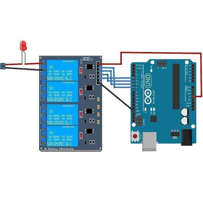 Arduino 4 Channel Relay Module Board - shown in a wiring diagram connected to an Arduino Uno, a red LED, and a terminal block with blue and red wires.