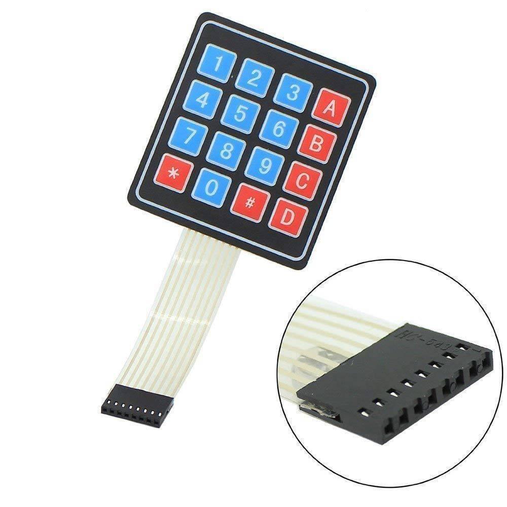Arduino 4x4 Keypad Matrix Keypad Membrane Switch - a black square keypad with blue number keys and red letter keys, featuring a ribbon cable and connector.