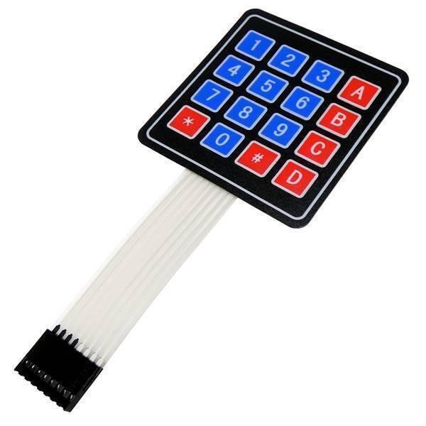Arduino 4x4 Keypad Matrix Keypad Membrane Switch - a black square keypad with blue and red buttons, connected to a white ribbon cable with a black connector.