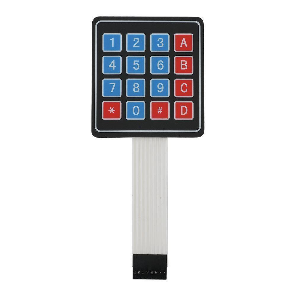 Arduino 4x4 Keypad Matrix Keypad Membrane Switch - a black 4x4 grid keypad with blue numeric and red letter buttons attached to a ribbon cable.
