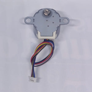Arduino 5V Stepper Motor 24BYJ - a silver cylindrical motor with a metal shaft, mounting tabs, and a multi-colored wire harness ending in a white connector.
