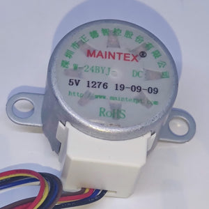 Arduino 5V Stepper Motor 24BYJ - a silver cylindrical motor with a white connector and attached multi-coloured wires, showing printed technical labels.