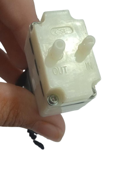 Arduino 6V Water Pump Submersible Pump - a close-up of the white plastic pump head with clearly labeled IN and OUT ports and CSE branding.