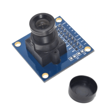 Arduino Camera OV7670 640x480 VGA CMOS Camera Image Sensor Module - with a lens and a separate black plastic lens cap.