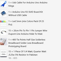 Arduino Camp Kit By Weepro STEAM Trainings - a list of electronic components including a blue USB cable, an Arduino Uno board, LEDs, and wires.
