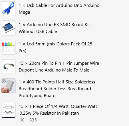 Arduino Camp Kit By Weepro STEAM Trainings - a list of electronic components including a blue USB cable, an Arduino Uno board, LEDs, and wires.