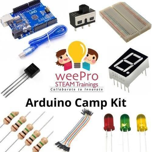 Arduino Camp Kit By Weepro STEAM Trainings - a collection of electronic components including an Arduino Uno, breadboard, LEDs, resistors, and cables.