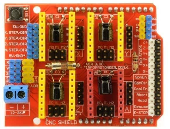 Arduino CNC Shield V3 A4988 DRV8825 Driver Expansion Board - a red rectangular circuit board with a reset button, header pins, jumper blocks, and a power terminal.