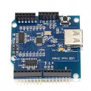 Arduino Compatible USB Host Shield - a blue circuit board featuring a USB Type-A port, a reset button, multiple pin headers, and integrated chips.